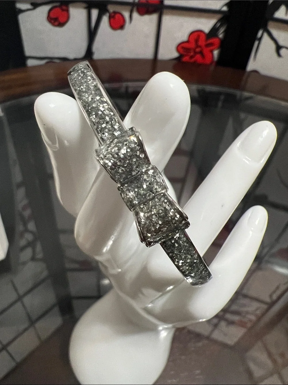 kate spade Silver Crystal Bow Hinged Bangle Bracelet